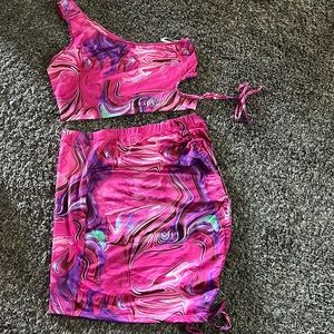 SHEIN ICON One Shoulder Marbled Print Top & Drawstring Side Skirt Set